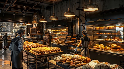 Rear view of a bakery with sales clerks selling bread to customers and carts with loaves and cakes fresh from the oven are seen and all are wearing face masks due to the covid19 corona : Generative AI