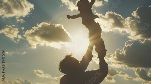 Dad plays with his daughter throws child up into sky with his hands happy kid Father of daughters play together in park against backdrop of sun and clouds Silhouette of happy family ou : Generative AI