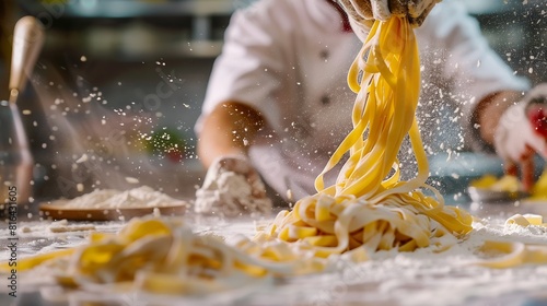 An experienced chef in a professional kitchen prepares the dough with flour to make the bio Italian pasta the concept of nature Italy food diet and bio : Generative AI
