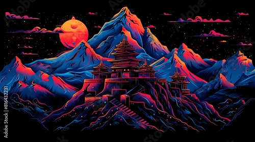 Mythical Shambhala Kingdom Surreal Snow Capped Mountains and Peaceful Monasteries in Synthwave Landscape