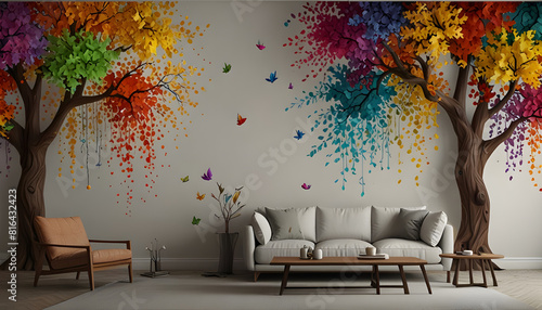 3d abstract tree colorful leaves wall art decor, interior mural wall art. Generative Ai