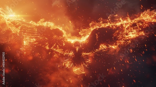 Dramatic depiction of a phoenix in the process of rebirth, surrounded by flames and embers, a powerful symbol of regeneration