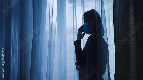 silhouette of a woman wearing mask in her quarantine during corona pandemic making a phone call from behind the window curtain : Generative AI