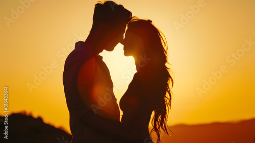 Couple in love silhouette during sunset touching noses : Generative AI