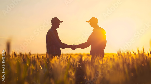 handshake farmer wheat business partnership agriculture concept silhouette two farmers shaking hands conclude a contract agreement in a field sun of wheat glare agriculture handshake c : Generative AI