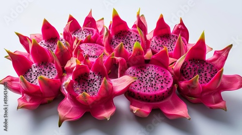 Dragon fruit segments arranged in a star pattern, isolated on white background