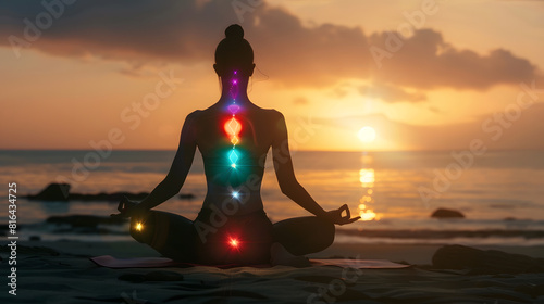 woman in yoga pose on beach sunset view glowing seven all chakra Kundalini energy girl practicing meditation outdoors Silhouette : Generative AI