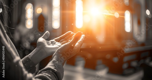 Close up of hands open and praying, blurred background with sunlight shining through the window, Eid Al Adha Mubarak, Islam Religious Muslim concept