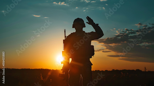 Silhouette of soldier in combat helmet and ammunition saluting on background of sunset sky Army special forces fighter Marines rifleman showing respect greeting officer with salute ges : Generative AI