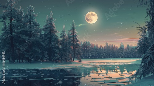 Scenic Winter Morning View in Northern Europe with Moon Above Trees