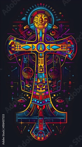 Vibrant Ankh Cross with Hieroglyphic Motifs in Synthwave Style