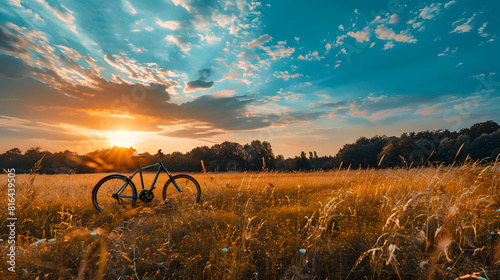 Beautiful summer landscape with bicycle on the field at sunset, blue sky and trees. Panoramic view of nature scene. Golden hour light. Wide angle lens natural lighting