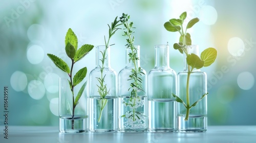 Nature and science biology laboratory, Plants with biochemical structure and chemical formula on white background AI generated