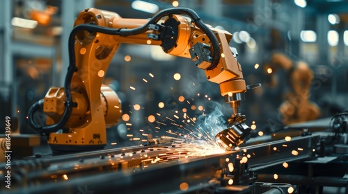 Detailed shot of an industrial robot arm engaged in automatic welding, focusing on the sparks and metal parts in a manufacturing setting