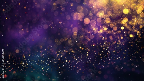 Abstract blur bokeh banner background. Gold bokeh on defocused emerald purple background 