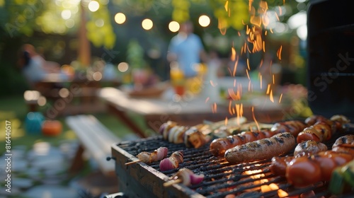 Detailed close-up of a summer BBQ gathering in a backyard, highlighting culinary details with the grill subtly blurred, ideal for ads