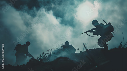 War Concept Military silhouettes fighting scene on war fog sky background World War Soldiers Silhouette Below Cloudy Skyline At night Battle in ruined city Selective focus : Generative AI