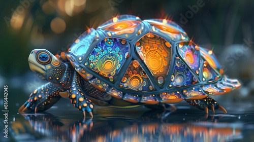 Endearing extraterrestrial turtle From a distant planet Made of Mandelbrot iridescent scales