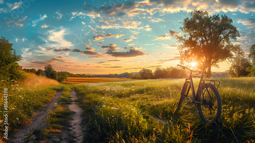 Beautiful summer landscape with bicycle on the field at sunset, blue sky and trees. Panoramic view of nature scene. Golden hour light. Wide angle lens natural lighting