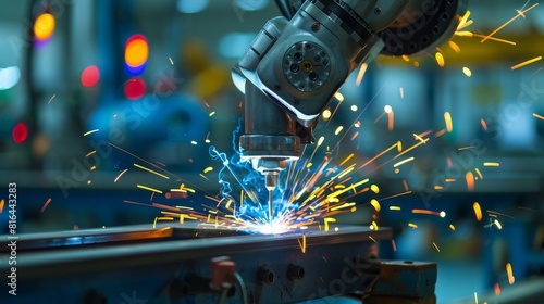 Close-up of a robot worker performing automatic welding in a factory, showcasing the precise movements of the robotic arm, isolated background
