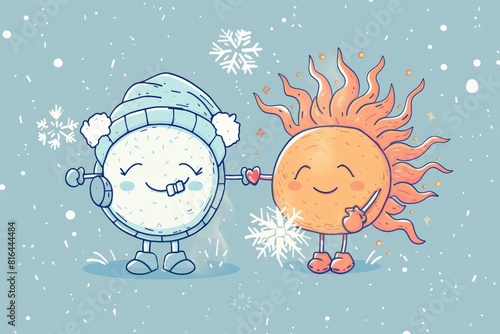 Cartoon cute doodles of a frosty sun wearing earmuffs and mittens while a fiery snowflake basks in the heat, Generative AI