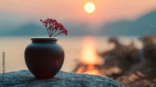 Close-up of a cremation urn placed against a serene and tranquil backdrop, focusing on the urn's solemn beauty and peaceful aura