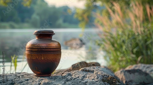 Close-up of a cremation urn placed against a serene and tranquil backdrop, focusing on the urn's solemn beauty and peaceful aura