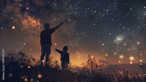 A father and child stargazing together on a clear night pointing out constellations and sharing stories under a blanket of twinkling stars.