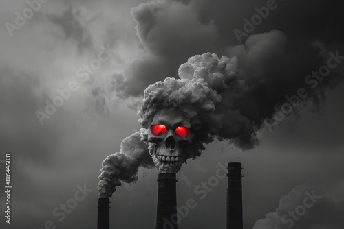 skull shaped cloud of smoke billowing from an industrial plant with red eyes