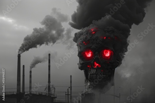 skull shaped cloud of smoke billowing from an industrial plant with red eyes
