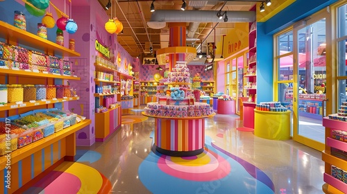 Colorful candy store with playful displays and bright 