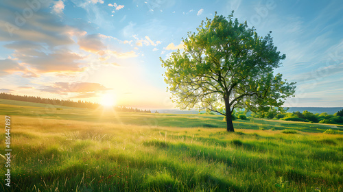 Beautiful summer landscape with tree in meadow and sunlight at sunrise, panorama