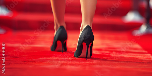 Close-Up of Woman's High Heels on Textured Red Surface. 