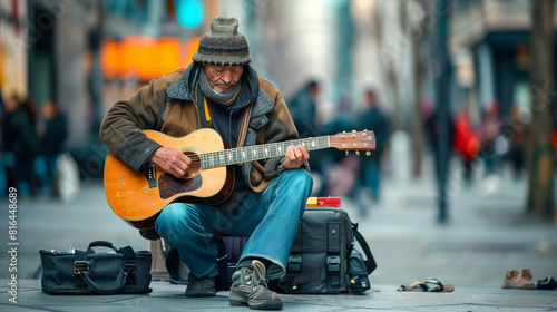Homeless Man Busking With Acoustic Guitar