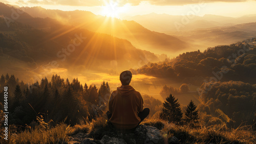 A man sitting from the back overlooks a stunning valley with sunlight breaking through the mist