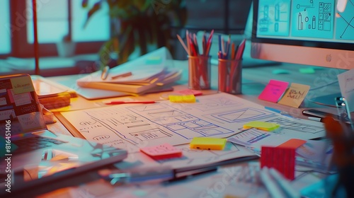 An array of UX design elements including a sketchbook, sticky notes with ideas, and a laptop with a wireframe on screen
