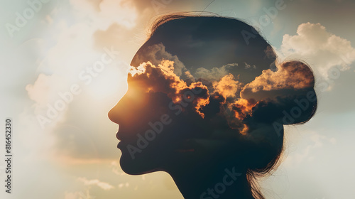 Psychology and woman mental health and weather dependent concept Multiple exposure clouds and sun on female head silhouette : Generative AI