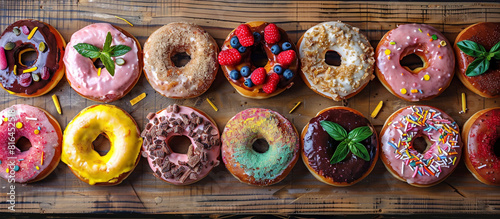 A collection of artisanal donuts with unique flavors and garnishes, arranged on a wooden board for National Donut Day. 32k, full ultra HD, high resolution.