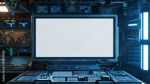 A blank TV screen in a virtual high-tech drone control hub, with aerial views and tactical maps for unmanned aerial vehicle operations.