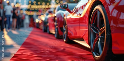 Red luxury cars on a red carpet at a glamorous event. People are walking in the background. This could be depicting a luxury car show or award ceremony, with space for copy, text, and logos.