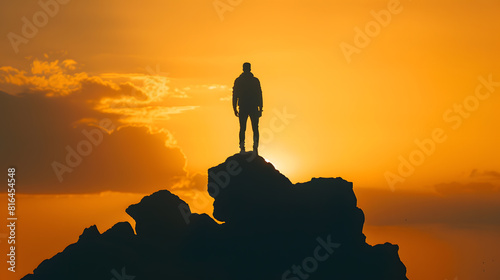 man standing on rock looking straight Nature and beauty concept Orange sundown silhouette at sunset : Generative AI