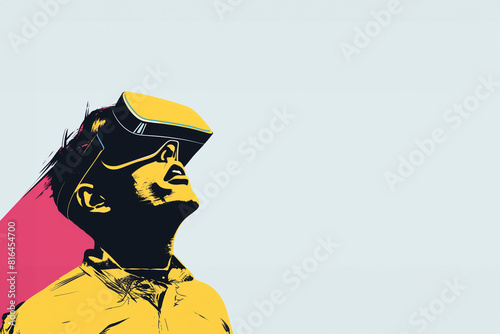 homme portant sur le visage un casque de réalité augmentée ou réalité virtuelle et regardant vers le haut. Illustration ultra colorée, style pop, avec espace négatif copyspace