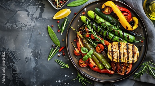 Roasted green grilled vegetables in plate on stainless background top view flat lay shooting close up view of a barbecued healthy food