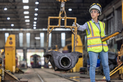 Maintenance engineer uses machine to lift and replace locomotive parts, reducing carbon emissions.