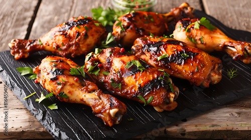 Spicy grilled caribbean Jerk chicken drumsticks and thighs on a black platter on a wooden table