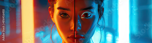 A split scene contrasting a real person with their deceitful social media persona, shown in a dynamic, dual-toned neon illustration.