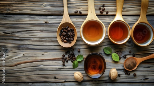 Tea and coffee are on wooden spoons
