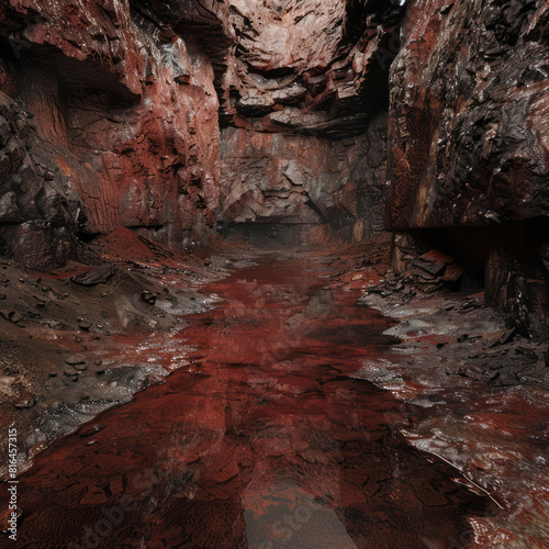 A view of a red mud pit inside a mine is captured in panorama.