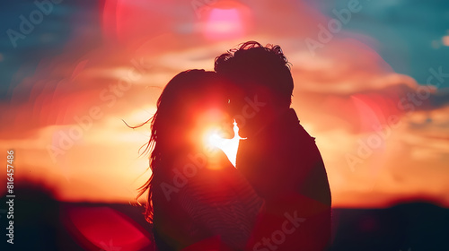 silhouette Romantic couple lovers hug and kiss at colorful sunset on background love concept : Generative AI