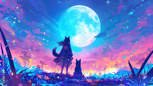 a girl and her dog under the moonscape